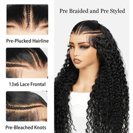 Burmese Curly Wig Human Hair Pre Braided Wig 13x6 Water Wave Lace Front Wigs Human Hair 180% Density Glueless Transparent Lace Frontal Wigs Pre Plucked for Black Women with Spiral End (22 Inch)