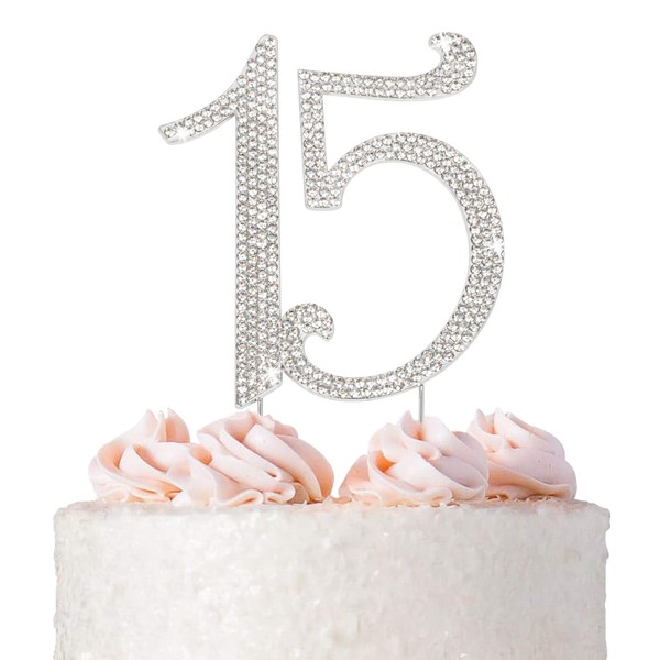 Decoración para tartas de 15 unidades, metal plateado de alta calidad, fiesta de cumpleaños o aniversario, decoración de quinceañera con diamantes de imitación brillantes que es una gran pieza central – ahora protegida en una caja