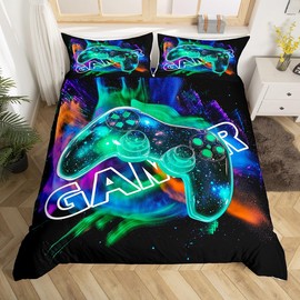 Cool Gaming Duvet Cover Set Queen Size,Gamepad Print Boys Gamer Room Decor Reversible Quilt Cover Set (NO Comforter),Stars Galaxy Watercolor Graffiti Soft Comforter Cover for Dorm Room, Zipper