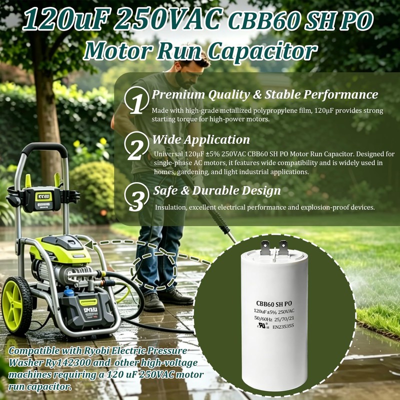 120uF 250VAC CBB60 Motor Run Capacitor Compatible with Ryobi Electric