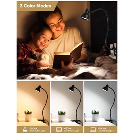 LiFMIRA Clip-on Reading Light - 3 Color Modes, 10 Dimmable Brightness, Eye Care Clamp Desk Lamp with Flexible Gooseneck for Reading in Bed, Desk, Headboard, Computer