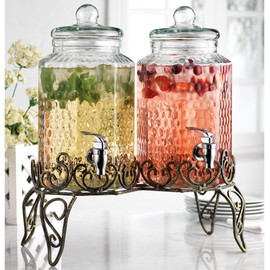 Classic Hammered Glass Beverage Dispenser with Elegant Stand (Set of 2), 1 Gallon Glass Drink Dispenser with Stand & Spigot, Party Drink Dispenser for Lemonade, Punch, Water, Juice Dispensers for