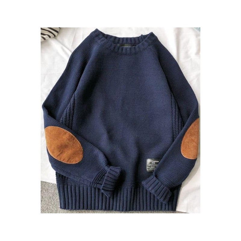 Aspersio Men's Elbow Patch, Loose Knit, Round Neck, Sweater, Long