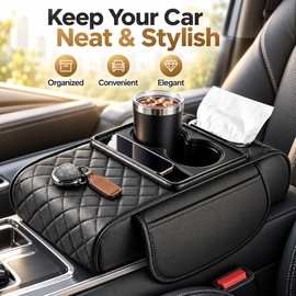 Car Center Console Armrest Cushion for Driving Comfort – Dual Cup Holders and Side Storage for Daily Commutes