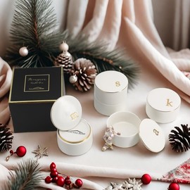 COLLECTIVE HOME - Ceramic Jewelry Box, Elegant Embossed Jewelry Holder, Trinket Organizer with Gold Monogram Lid, Storage for Ring Necklace Bracelet Earrings, Rings and Accessories (c)