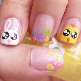 24Pcs Easter Press on Nails Short,Cute Bunny & Chick Design Fake Nails Reusable Square Acrylic Nails Full Cover Glossy False Nails Glue on Nails for Women Girls Easter Nail Art Decoration