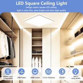 LED Ceiling Light Living Room 4000K-24W-2800LM, IP44 Waterproof Modern Simple Ultra Thin Lamp for Bedroom, Bathroom, Hallway, Balcony, Kitchen, Cellar - 30 cm, Square
