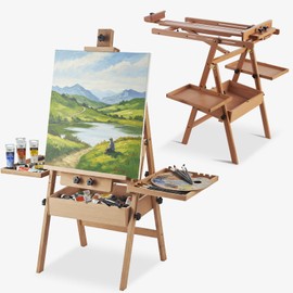 YOKUGO Beech Wood H-Frame Easel for Painting with Tray & Drawer, Natural