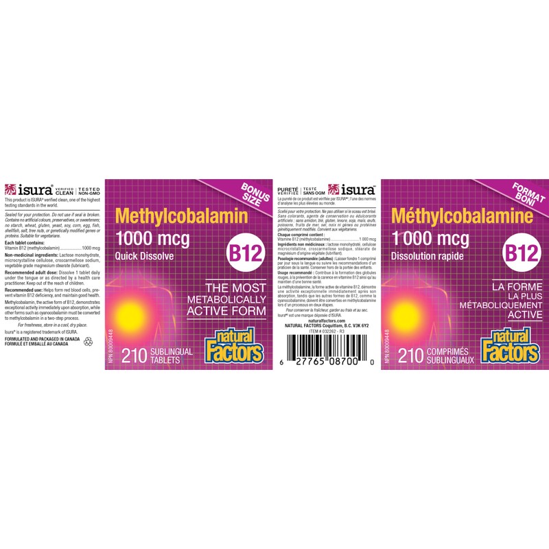 Natural Factors Vitamin B12 Methylcobalamin 1000 mcg, 210 sublingual tablets,