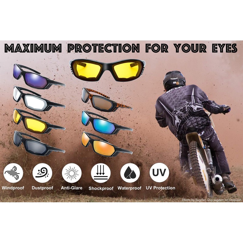 3 Pairs Motorcycle Riding Glasses Padded Frame Lens Block 100%