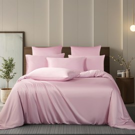Boqingzhu Bamboo Bed Linen 200 x 220 cm Pink Plain Single Bed Luxury Lyocell Silk Bedding Set Duvet Cover with Zip and 2 Pillowcases 80 x 80 cm