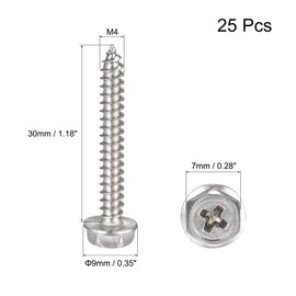 sourcing map Phillips Hex Washer Self Tapping Screws, M4 x 30mm 304 Stainless Steel Hex Flange Sheet Metal Screw 10pcs