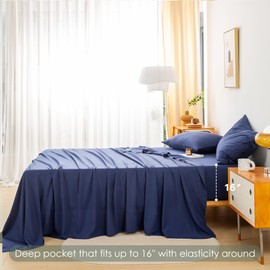 COTTEBED Cozy Queen Size Bed Sheet Set - Luxury 4 Piece Bedding Sheets & Pillowcases Set - Super Soft Washed Polycotton Cool Tech for All Seasons Use - Deep Pockets Fit Up to 16" Mattress Navy Blue
