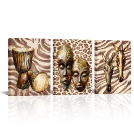 iKNOW FOTO 3pcs Vintage Tribal African Mask & Drums Animal Symbols Canvas Art - Abstract Africa Culture Artistic Painting Decorations, Ready to Hang 12x16'' Each Panel for Home Living Room Bedroom