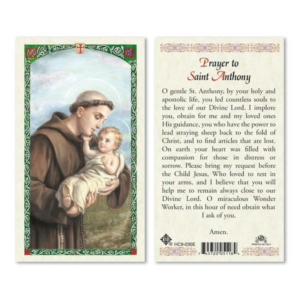 Prayer to Saint Anthony.Laminated 2-Sided Holy Card (3 Cards per Order)