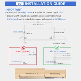 SIGOEI 15 Inch Bottom Mount Soft Close Drawer Slides Full Extension Concealed Rails Track 80 lb Load Capacity 1 Pair (1 Pair, 15 Inch)