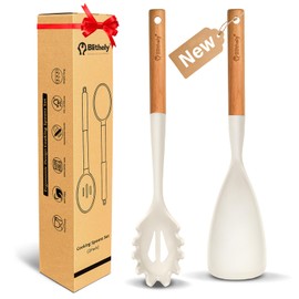 Silicone Cooking Spoon and Pasta Fork Set, 2 Pack Large Spatula Spoons Set with Wooden Handle, Heat Resistant Multifunction Spoon for Cooking, Serving and Mixing Spaghetti (White)