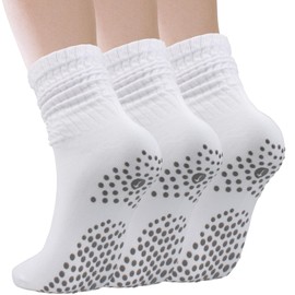 H HOME-MART (3 Pairs) Scrunch Pilates Grip Socks for Women – Perfect for Yoga, Barre, Dance, and Gym Workouts; Long Slouch Socks with Non-Slip Grip for Hospital and Exercise Use