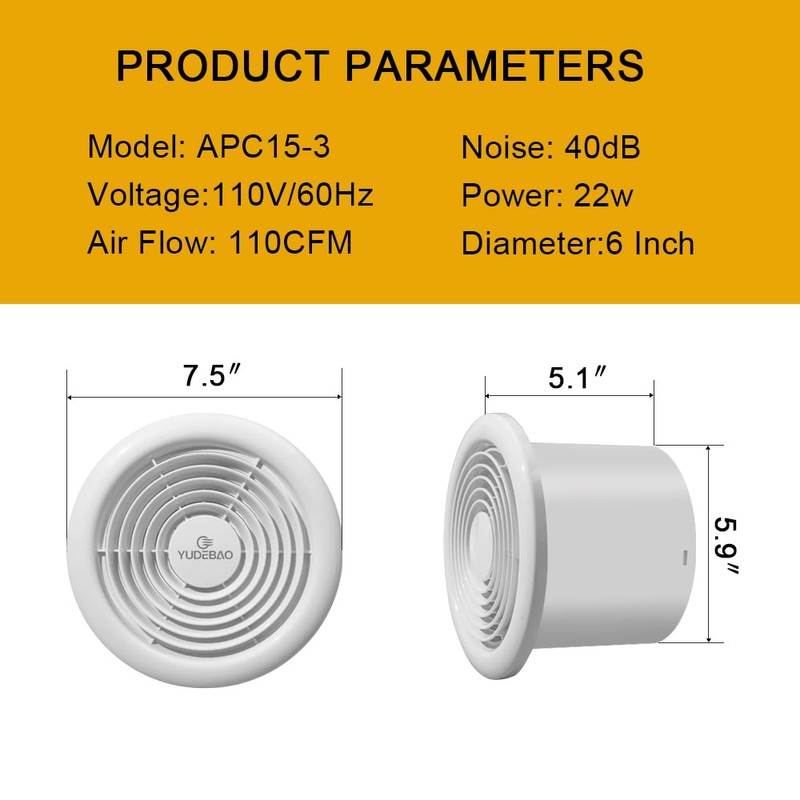 YUDEBAO 6 Inch Quiet Bathroom Exhaust Fan 110 CFM, Wall