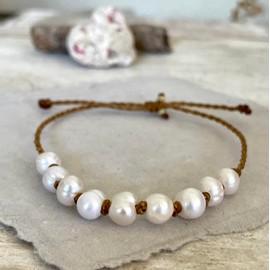 Natural Freshwater Pearl Bracelet for Women, Casual Beach and Surfer Style on Hand Spun Rope Cord, Handmade by Beach Soul