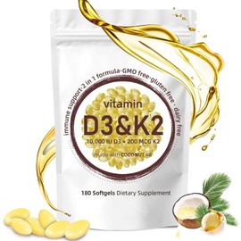 2-in-1 Vitamin D3 K2 Supplement Softgel, 10000 IU VIT D3 + 200 MCG Vitamin K2, 180 Pcs Gels Riched Microingredients Vitamin D3 k2, Free of GMO, Gluten, Soy for Men Women