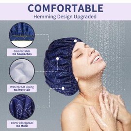 Shower Caps, Double Layer & Adjustable Bathing Cap for Shower, Extra Large Reusable Hair Cap for Women, Waterproof Exterior & EVA Lining, Oversized Design for All Hair Lengths/Style