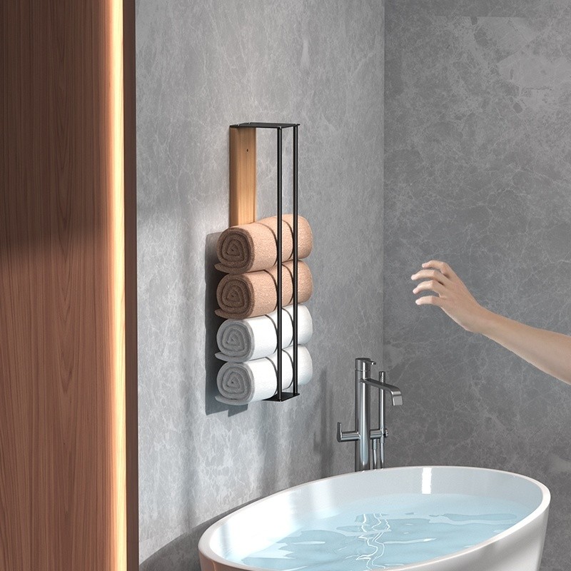 Wall-Mounted Towel Rack for Bathroom Storage – Iron & Wood