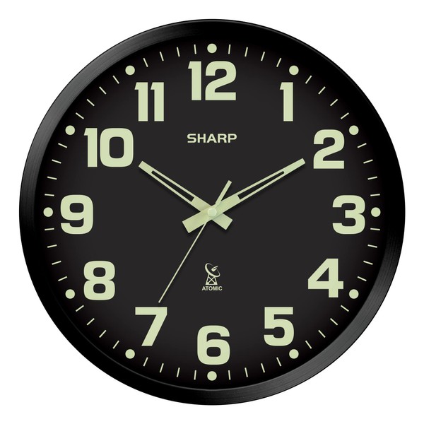 SHARP Reloj de pared analógico atómico que brilla en la oscuridad, reloj de 12 pulgadas con marco negro, se ajusta automáticamente, funciona con pilas, fácil de leer, fácil de usar, ver día o noche