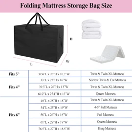 Andacar Folding Mattress Storage Bag - Andacar 63 inch Foldable Mattress Carry Case Fits for Tri-Fold Up to 6 inch Queen Mattress Waterproof Cushion Storage Bag - 61"L×28"W×18"H, Black, Cover Only