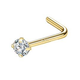 SYLWIA 14K Solid Gold Nose Studs Rings 20g 18g, Moissanite Corkscrew L Shaped Nose Rings, Hypoallergenic 18 20 Gauge Nose Ring Piercing for Women Wen Gifts - 2mm 2.5mm 3mm Moissanite, 20g (0.8mm),