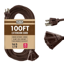 Cablectric 100 Ft Brown Extension Cord with 3 Electrical Power Outlet - 16/3 SJTW Heavy Duty Cable with 3 Prong Plug for Safety, 10 AMP for Heavy Appliances, Garden, Lawn, Lightning Decoration