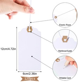 120 Pack White Gift Tags with Elastic String Hang Paper Marking Tags with String Attached Reinforced Hole Writable Inventory Tags for Christmas Gift Stocking Stuffers 4.76''×2.36''