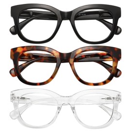 KSSESSE Reading Glasses for Women Men Square Oval Readers with Spring Hinge Thick Frame Style (Black/Transparent/Demi Brown-Clear Lens, 2.25, x)