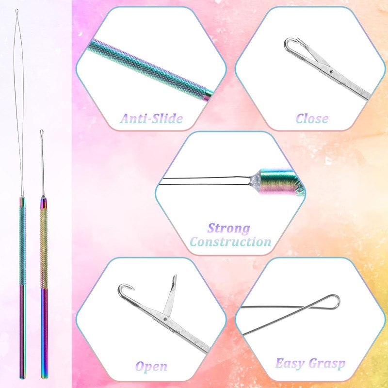 2 Stück Bunte Microring Haarverlängerung Set, Nadel Einfädler mit Nano