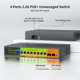 2.5Gb PoE+ Switch 10-Port Unmanaged with 8*2.5G Base-T PoE+ Ports, 2*10G SFP+ , IEEE802.3af/at , 80Gbps Switching Capacity, Metal, 2.5Gbe PoE Switch for NAS, PC, AP.