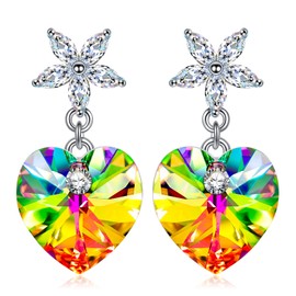 ANGEL NINA 14K White Gold Plated Sterling Silver Heart Crystal Earrings for Women Christmas Earrings Gifts for Women Flower Rainbow