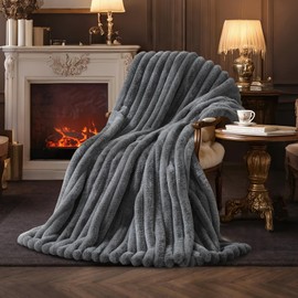 Amélie Home Faux Fur Throw Blanket for Couch, Ultra Cozy Fuzzy Fluffy Fur Luxurious Soft Striped Plush Gift Blankets for Family Sofa Chair Bed Living Room Bedroom, 55"x70", Ionic Wolf Gray