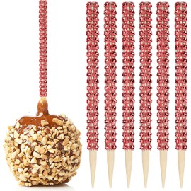 32 PCS Bling Candy Apple Bamboo Sticks,Caramel Apple Wooden Pointed Skewers with Rhinestones Diamond Mesh Wrap,Fruit Treats Pop Dec Bar for Dessert Table Tea Party Birthday Wedding Christmas (Red)