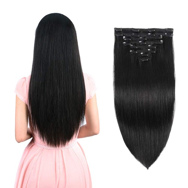Real Clip in Hair Extensions Natural Black 8 Pieces - Premium Women Straight Double Weft Thick Remy Hair Extensions Clip in on Human Hair for Long Hair (18" / 18 inch, #1B, 112 grams/3.9 Oz)