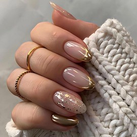 MISUD Almond Press on Nails Medium Fake Nails Glossy Glue on Nails Gold Chrome Acrylic Nail Supplies Stiletto Artificial Nail Art French Tip Stick on False Nails with Design DIY 24 pcs