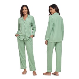 COLORFULLEAF Women's Pyjamas 100% Cotton with Button Placket Long Sleeve Pyjamas Set Two Piece Sleepwear Leisure Suit, Sage Green Long Sleeve