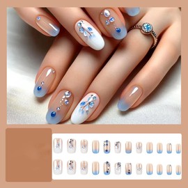 24 Pcs French Blue Press on Nails Medium Square, ZIFANHU Ombre Fake Nails Press ons Nail Tips Glue on Nails Full Cover Acrylic False Nails Rhinestones Stick on Nails for Women Manicure