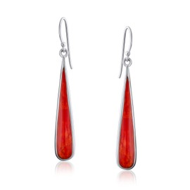 Simplistic Boho Orange Red Coral Flat Teardrop Shaped Dangle Earrings For Women Teen .925 Sterling Silver Fish Hook Wire Threader
