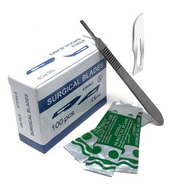Box of 100 Scalpel Sterile Blades Carbon Steel Individually Foil Wrapped With Stainless Steel Scalpel Handle (Blade #10 + Handle #3)