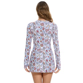 Cagola Long Sleeve Swimsuits for Women UPF 50+ Swim Dress Swimwear One Piece Bathing Suit with Skirts Rash Guard Over 50, White/Red Flowers, Large