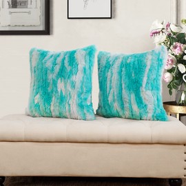 BYTIDE Jacquard Faux Fur Decorative Square Throw Pillow Covers 20 x 20 Inches Set of 2, Furry Fluffy Plush Soft Luxury Cushion Case Pillowcase for Couch Bed Car Bedroom Living Room, Blue White