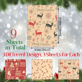 Kraft Christmas Wrapping Paper 9 Sheets Eco Friendly 100gsm Assorted Festive Designs 70x50cm Folded Sheets with 3 Unique Designs Design 2