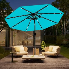 10 Ft Market Outdoor Patio Umbrella with Solar Lights Crank Lift & Push-Button Tilt | All Weather Lake blue Powder Coated Aluminum Frame Durable Collapsible UV Fade Stain Water Proof