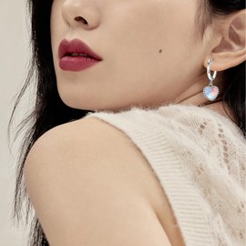 Aretes de plata 925 para Mujer, Aretes de Corazón con Piedra Lunar, Pendientes de Pequeños Aro, Joyería Moda Elegante para Mujer, Regalos cumpleaños para Mamá, Esposa, Novia Día de la Madre