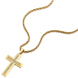 COOLSTEELANDBEYOND Mens Women Large Gold Color Cross Pendant Necklace Steel with Cubic Zirconia and 30 inches Rope Chain
